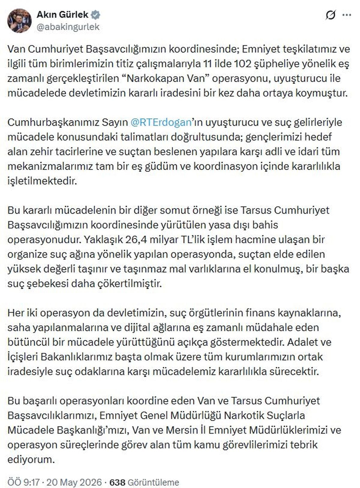 Adalet Bakanı Gürlek: Suçla Mücadele Kararlılıkla Devam Edecek